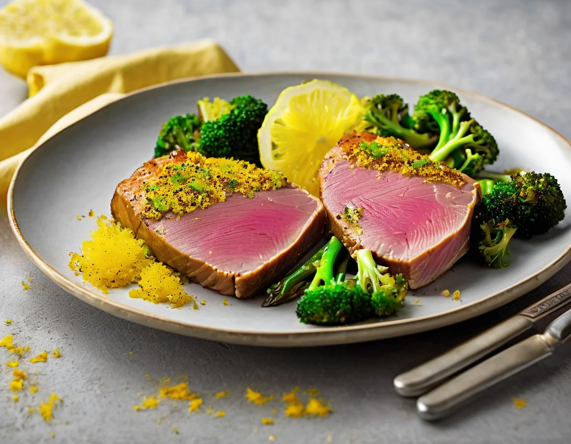 Atún a la Plancha con Brocoli al Ajillo y Almendras