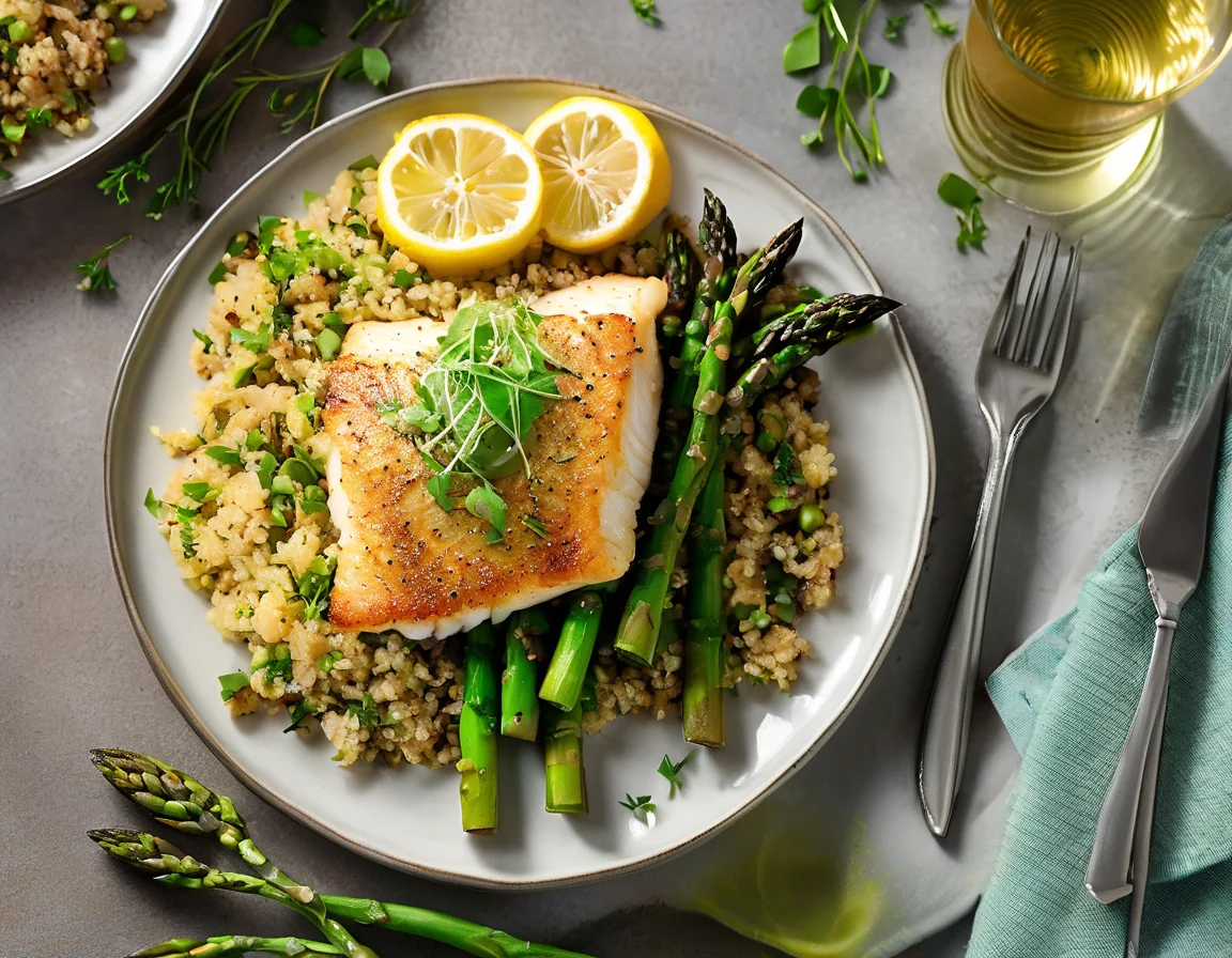 Bacalao al Horno con Espárragos Verdes y Garbanzos