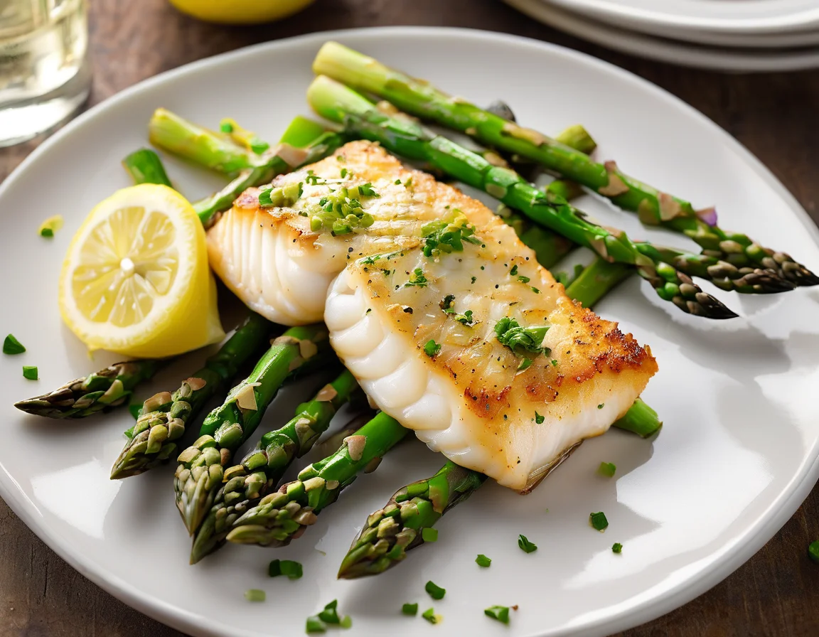 Bacalao al Horno con Espárragos Verdes y Salsa de Almendras