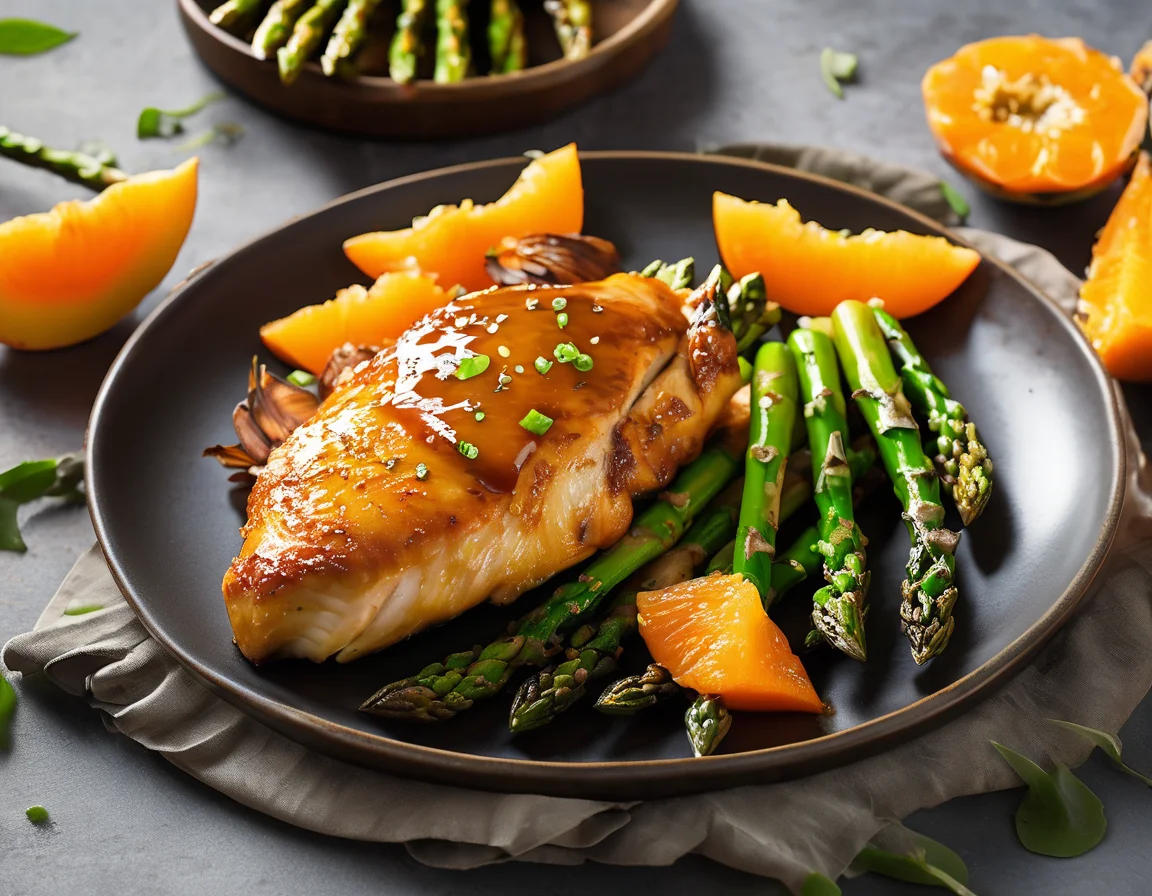 Pollo a la Sartén con Glaseado de Papaya y Jengibre y Espárragos Asados