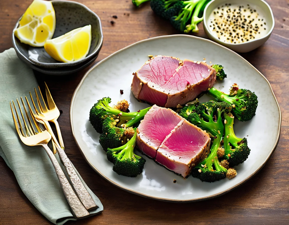 Atún a la Plancha con Brocoli al Ajillo y Garbanzos