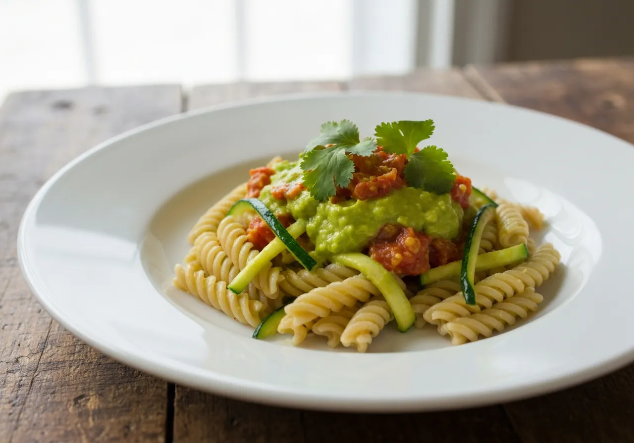 Pasta de Calabacín con Salsa de Aguacate y Tomate Asado