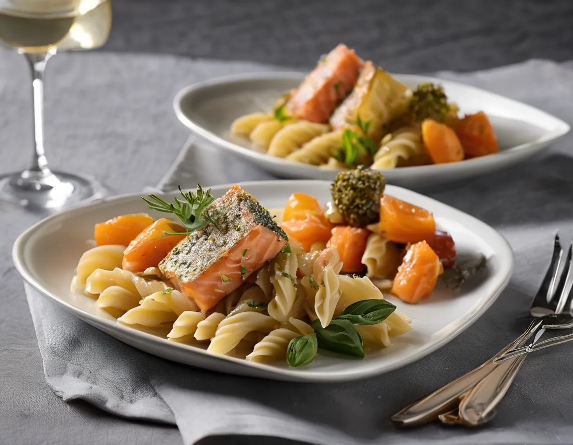 Pasta de Trigo Integral con Verduras Asadas y Salmón Adaptado para Constipación Crónica
