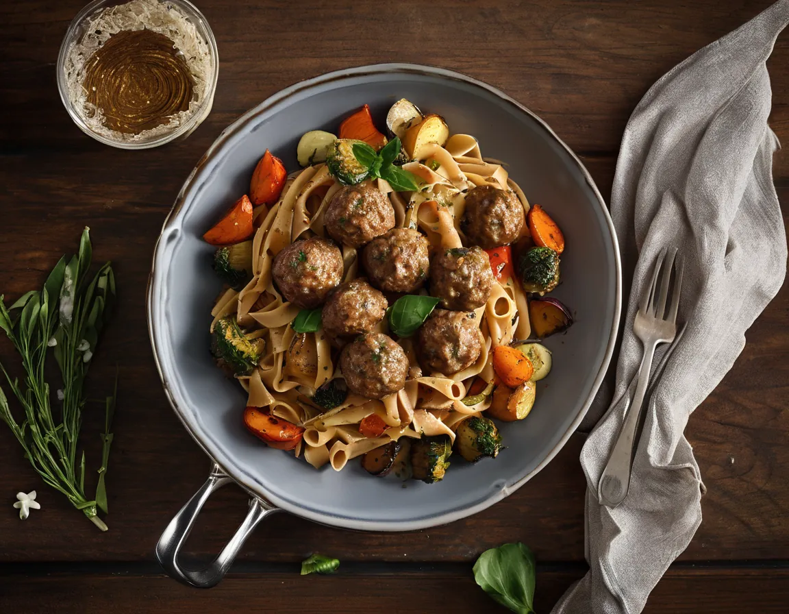 Pasta Integral con Albóndigas de Pavo y Verduras Asadas