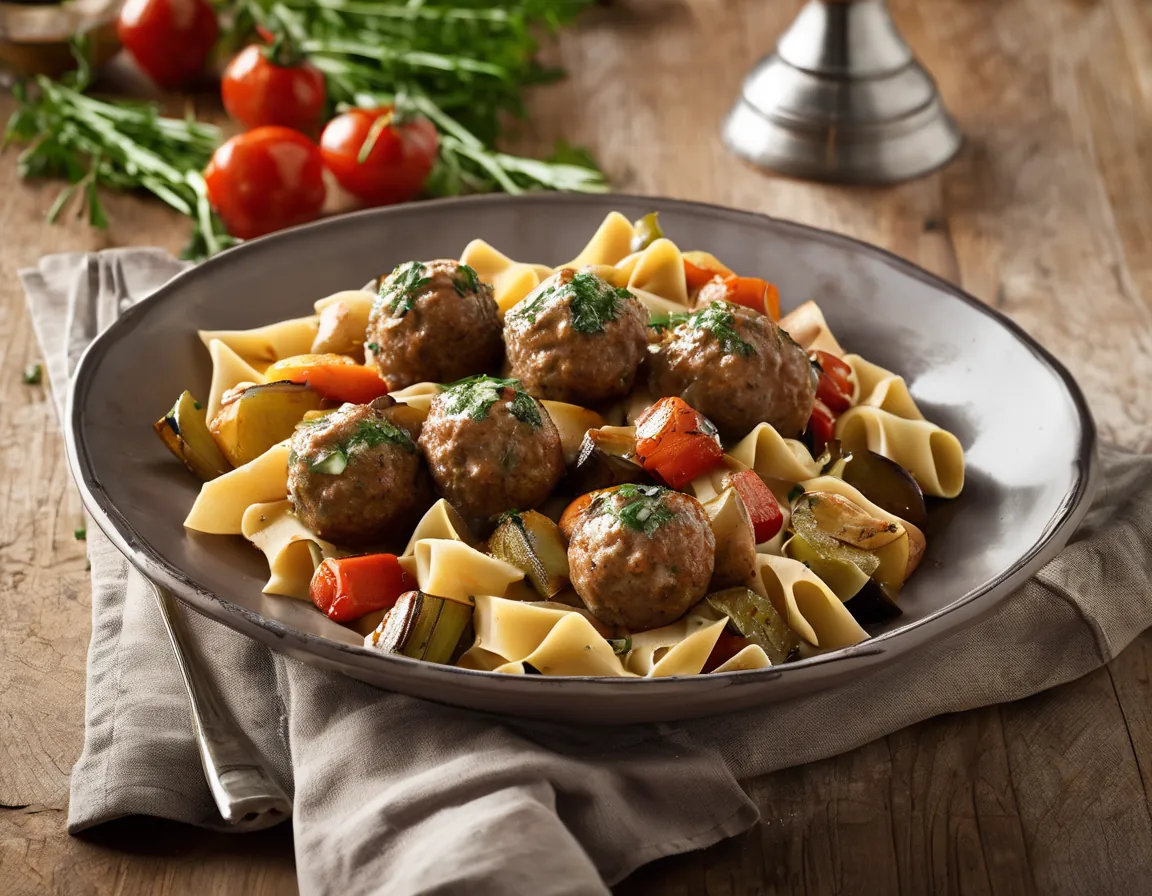 Pasta Integral con Albóndigas de Pavo y Verduras Asadas Adaptado para Diabetes T1