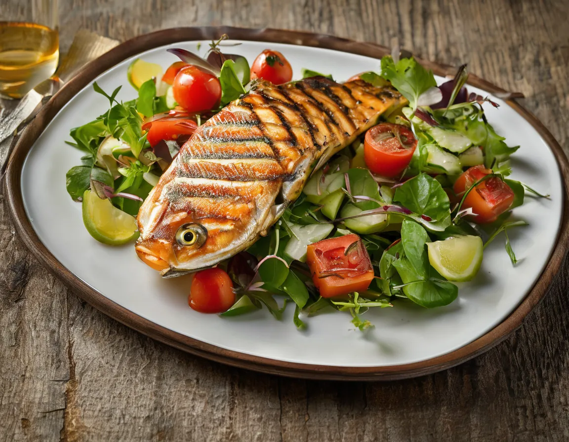 Pescado a la Parrilla con Ensalada de Pepino y Tomate