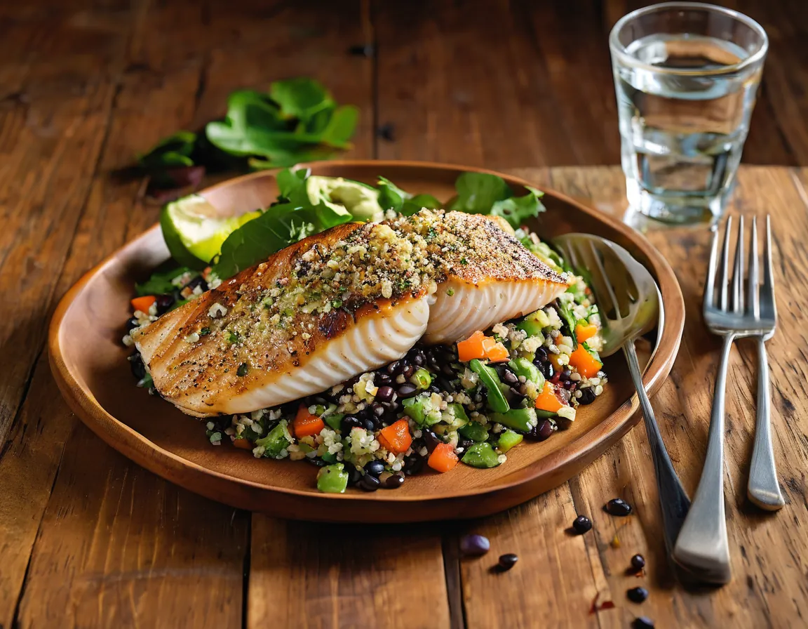 Pescado a la Parrilla con Ensalada de Quinoa y Aguacate Adaptado para Constipación Crónica