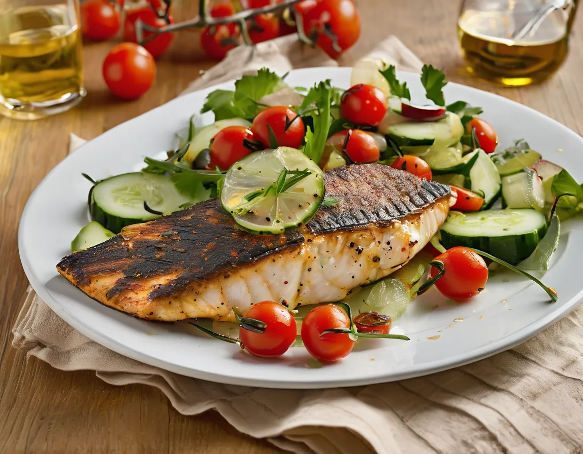 Pescado a la Parrilla con Puré de Batata y Ensalada de Pepino