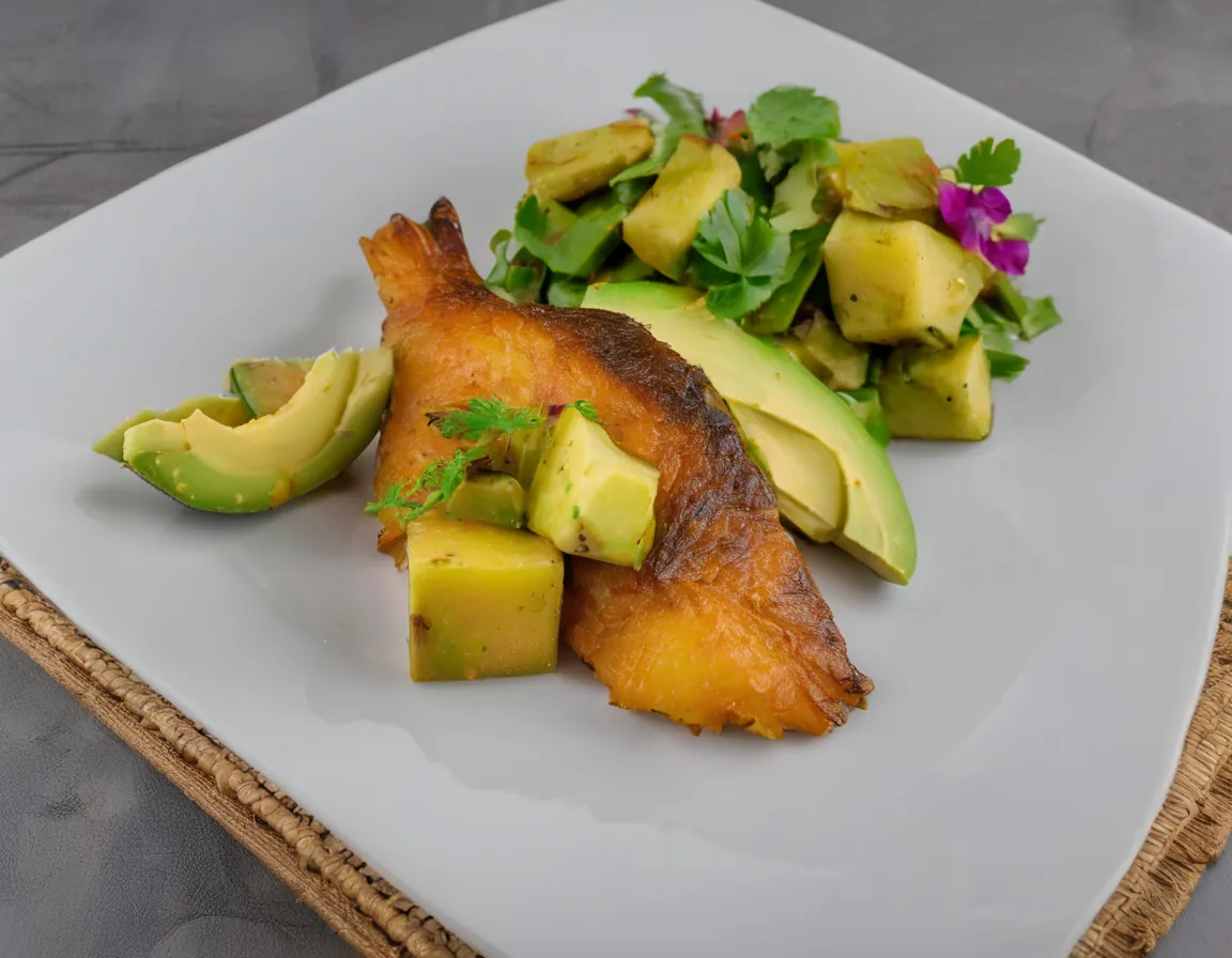 Pescado al Horno con Batatas Asadas y Ensalada de Aguacate