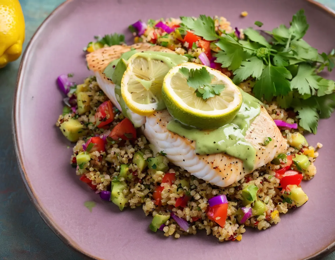 Pescado al Horno con Salsa de Aguacate y Quinoa