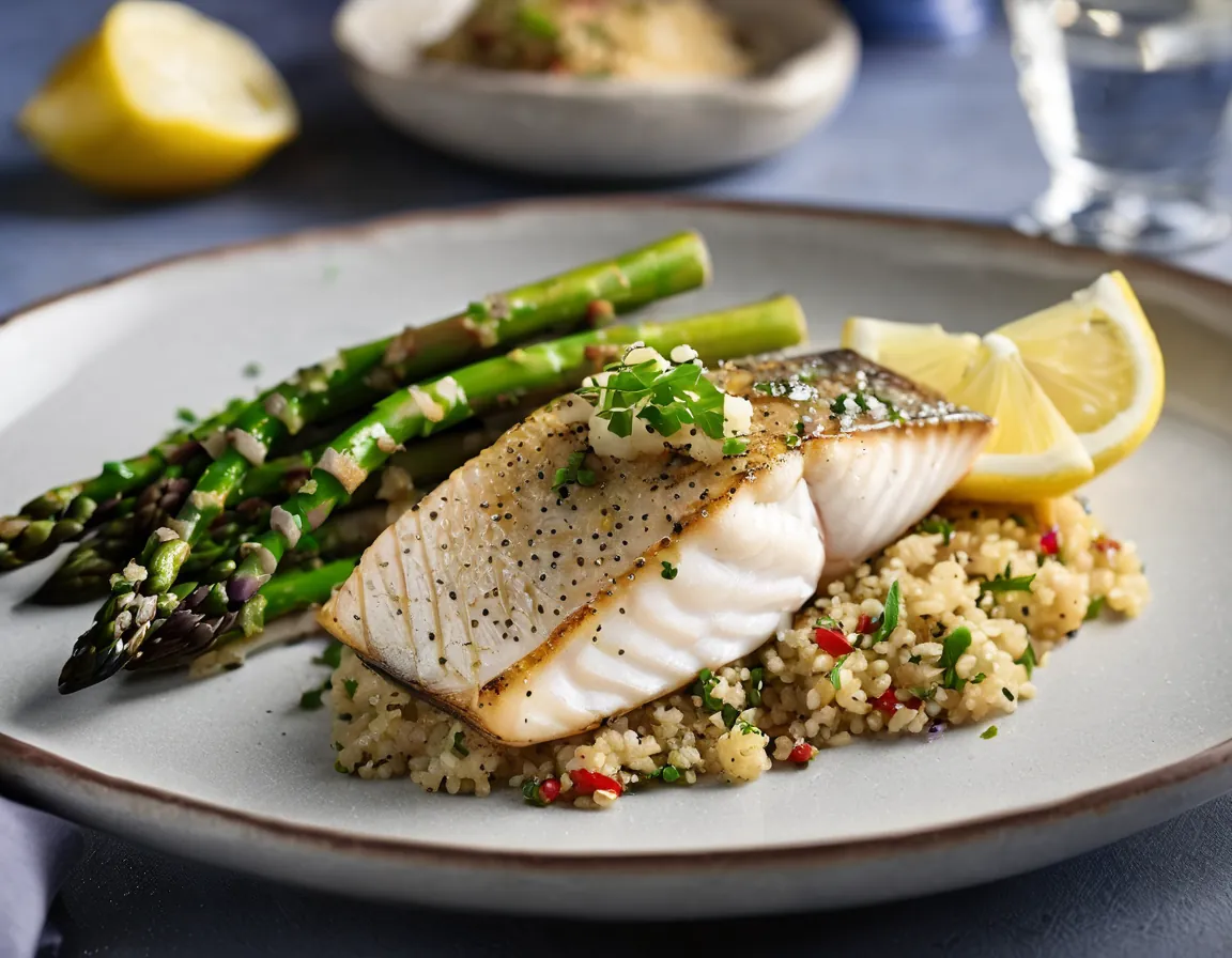 Pescado Blanco Sellado en Sartén con Quinoa de Limón y Hierbas y Espárragos Asados lblAdaptedFor Intolerancia fructosa