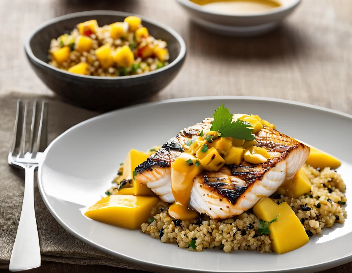Pescado a la Parrilla con Salsa de Mango y Quinoa Mediterránea