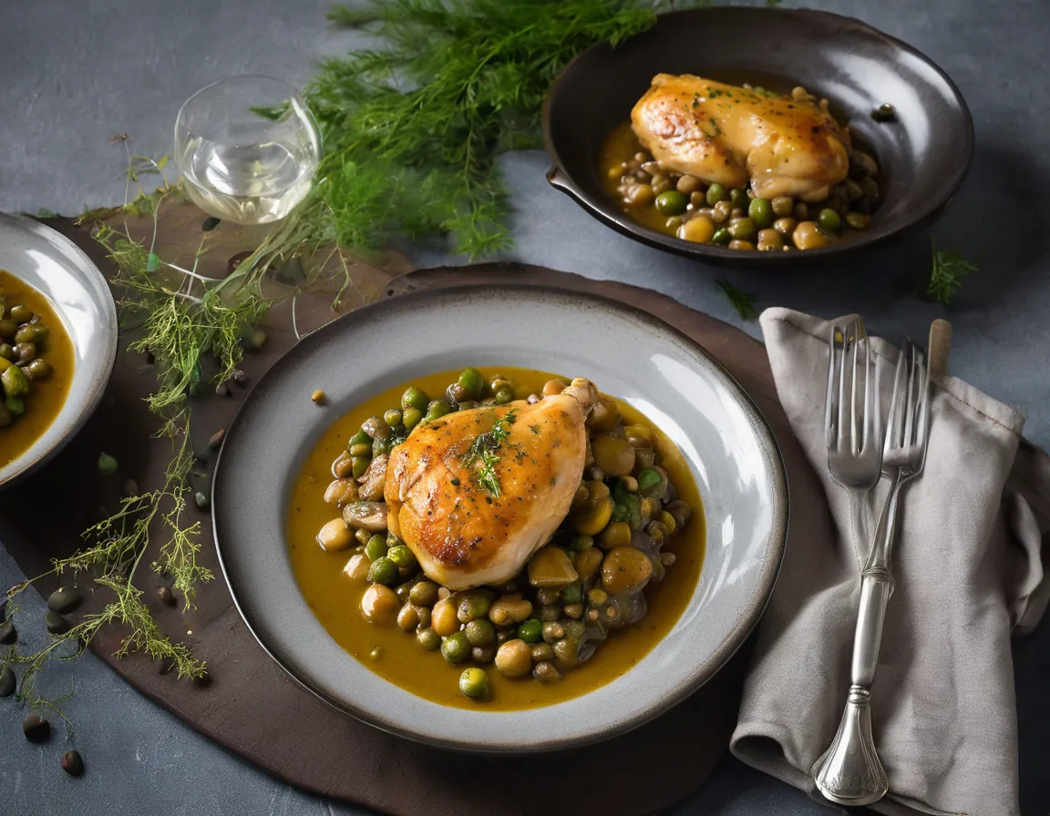 Pollo con Puerros y Lentejas Verdes a la Francesa