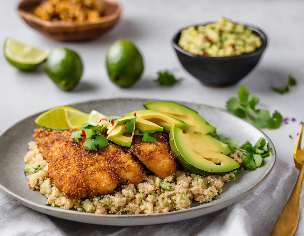Pollo y Pescado al Ajillo con Quinoa y Aguacate