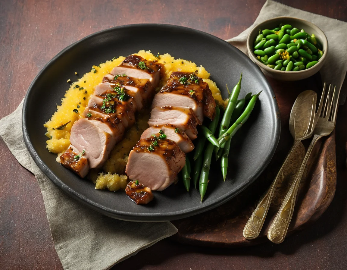 Lomo de Cerdo con Judías Verdes en Salsa de Maracuyá y Farofa de Yuca