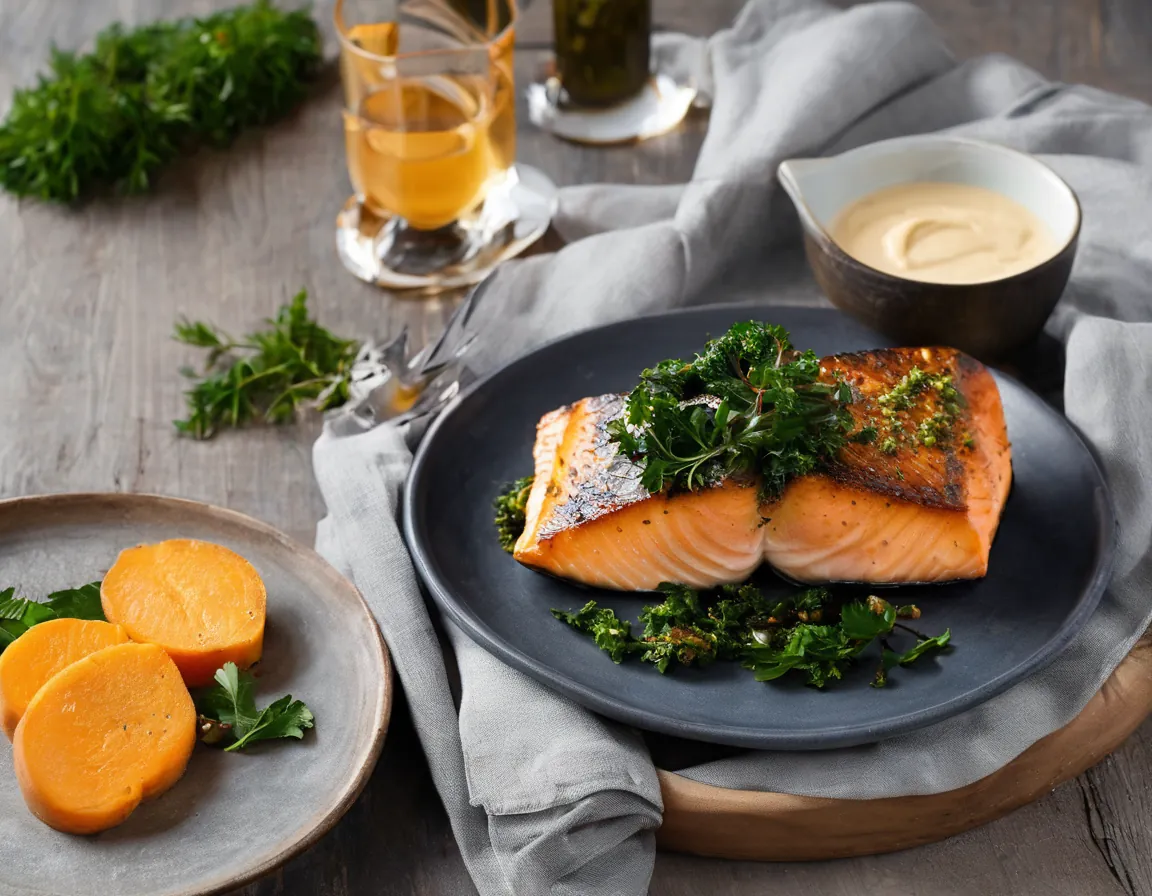 Salmón a la Parrilla con Puré de Batata y Col Rizada Adaptado para SIBO Síndrome de Bacterias Intestinales Irritantes