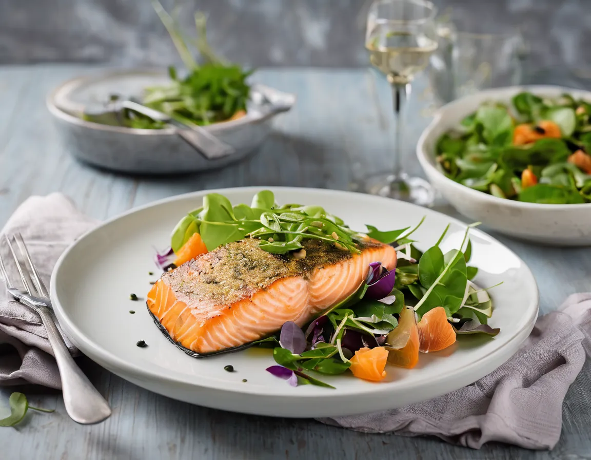 Salmón al Horno con Ensalada de Garbanzos y Espinacas