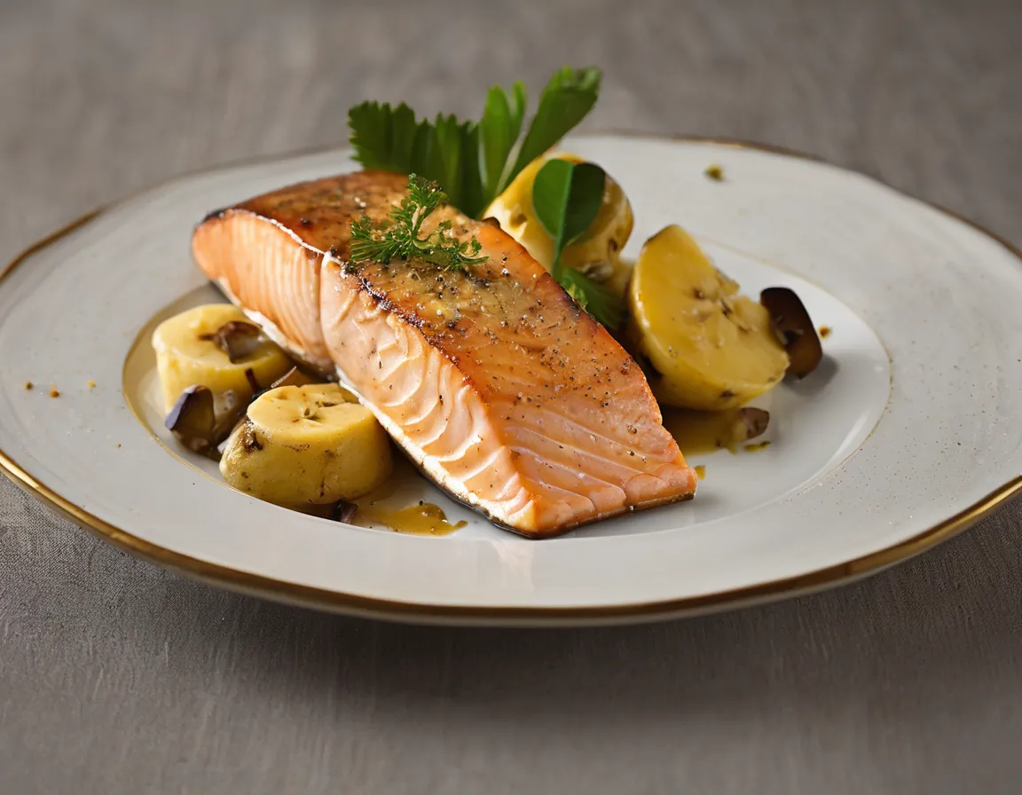 Salmón al Horno con Plátano Macho y Salsa de Hierbas Adaptado para Hipertensión