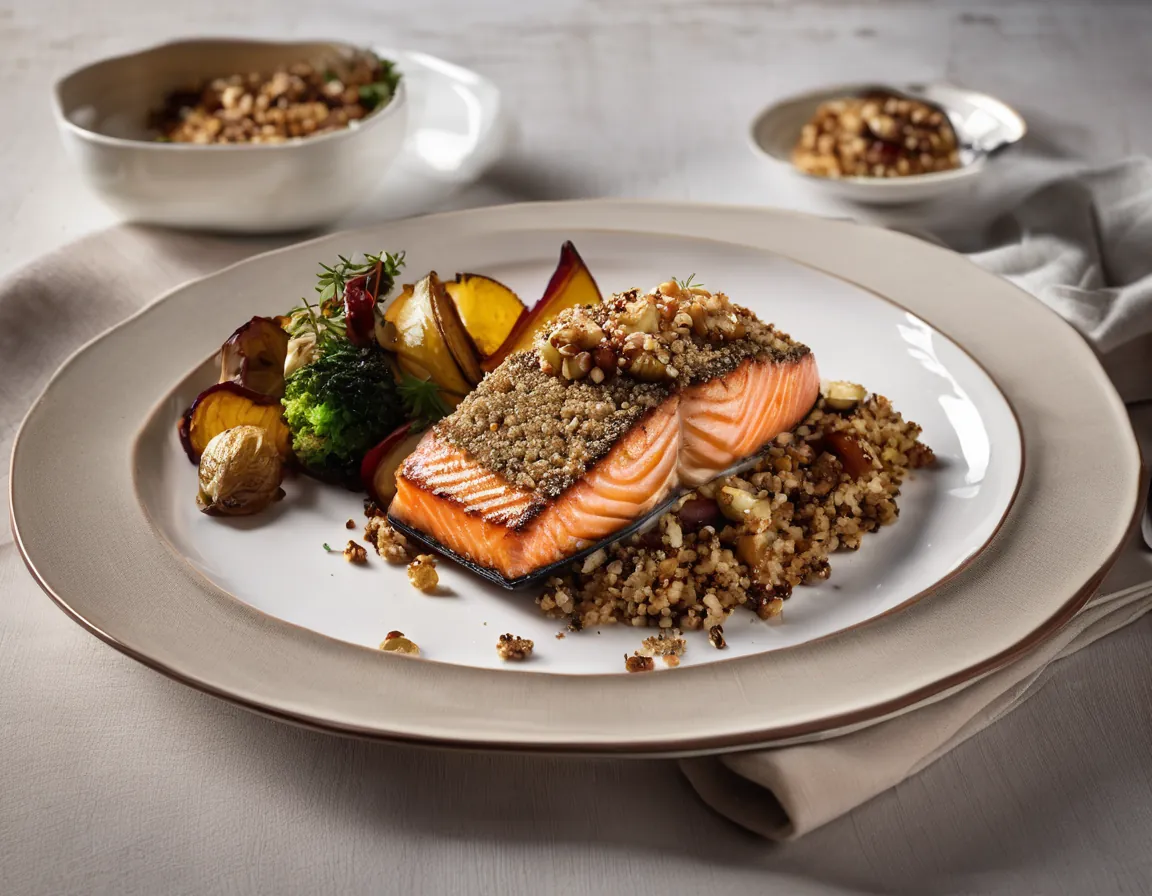 Salmón con Costra de Nueces con Quinoa y Verduras Asadas Adaptado para Hipercolesterolémia