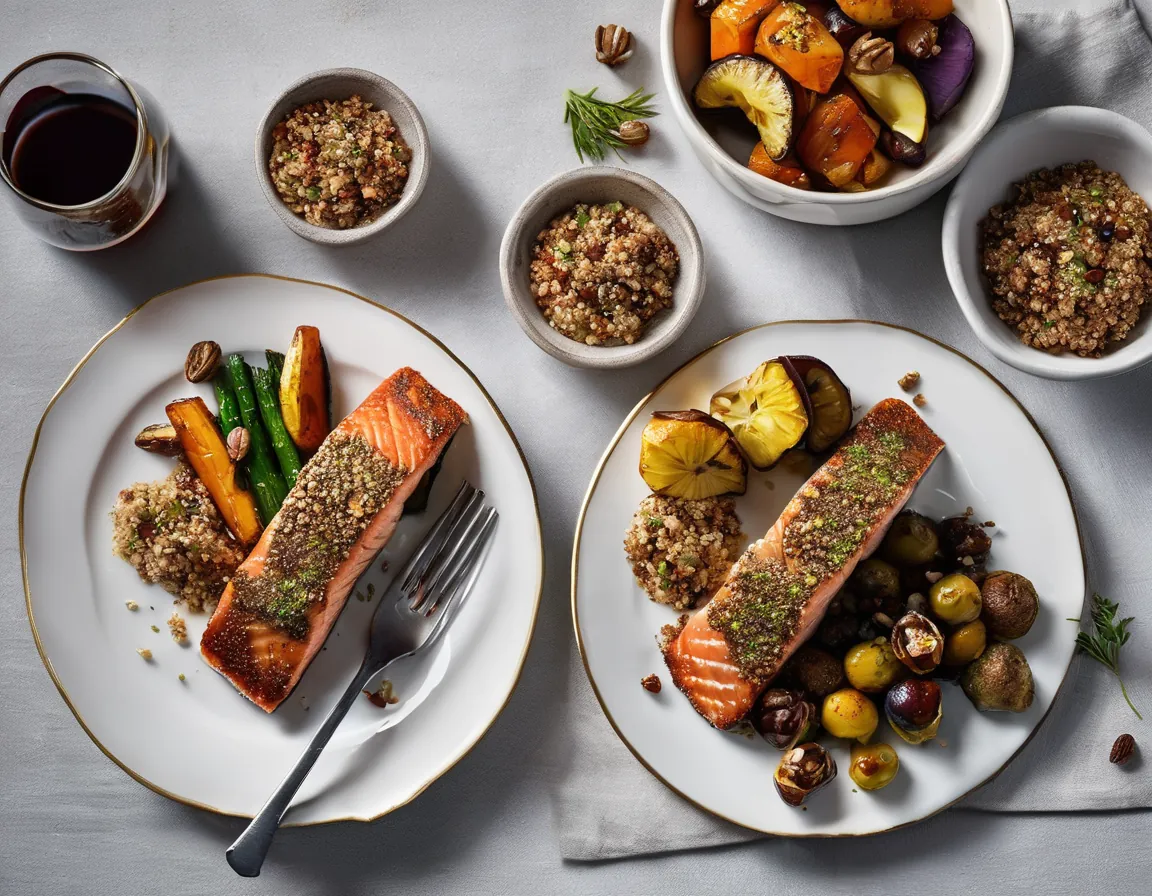 Salmón con Costra de Nueces con Quinoa y Verduras Asadas Adaptado para Diabetes T2
