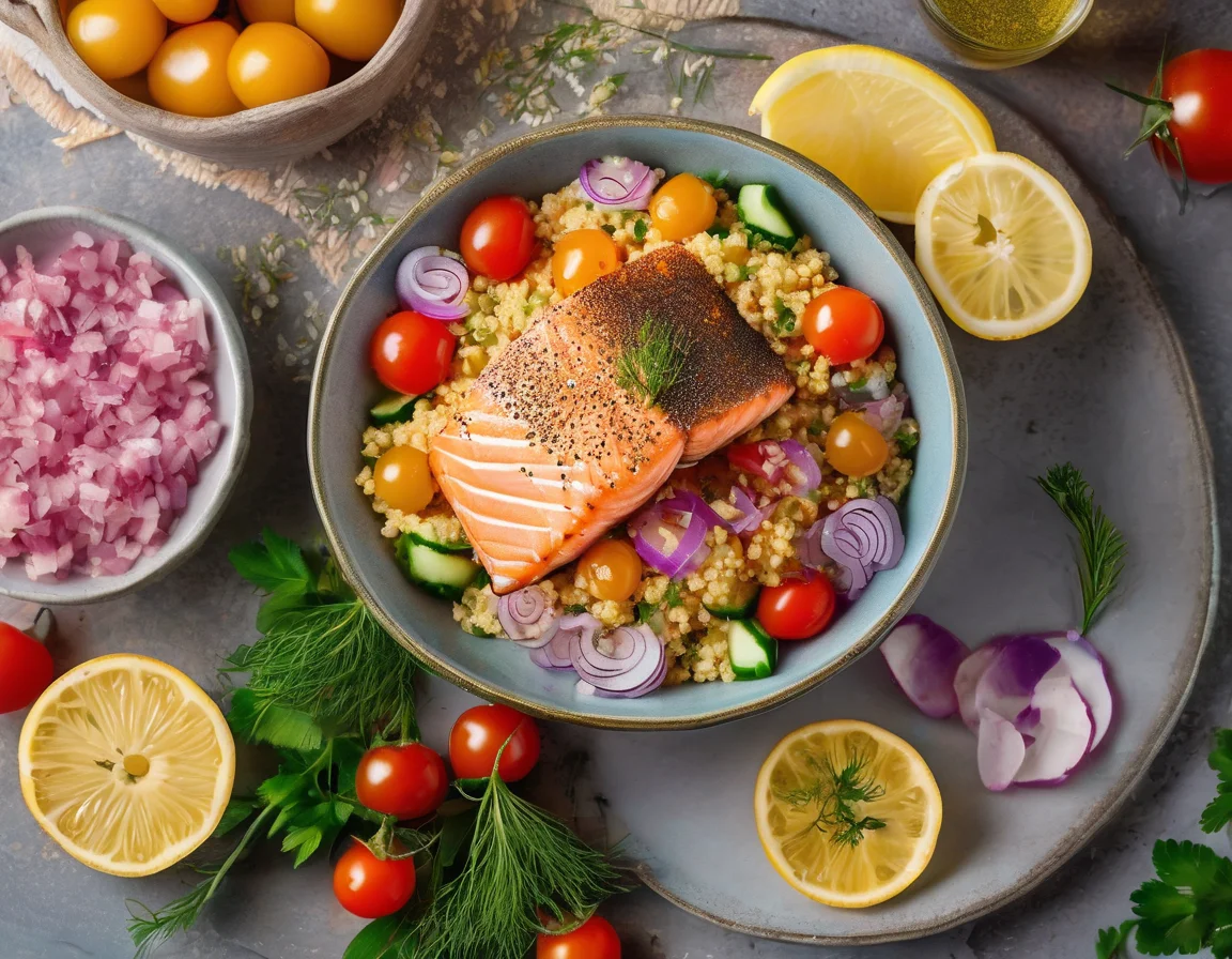 Bowl de Desayuno de Salmón y Cuscús Mediterráneo