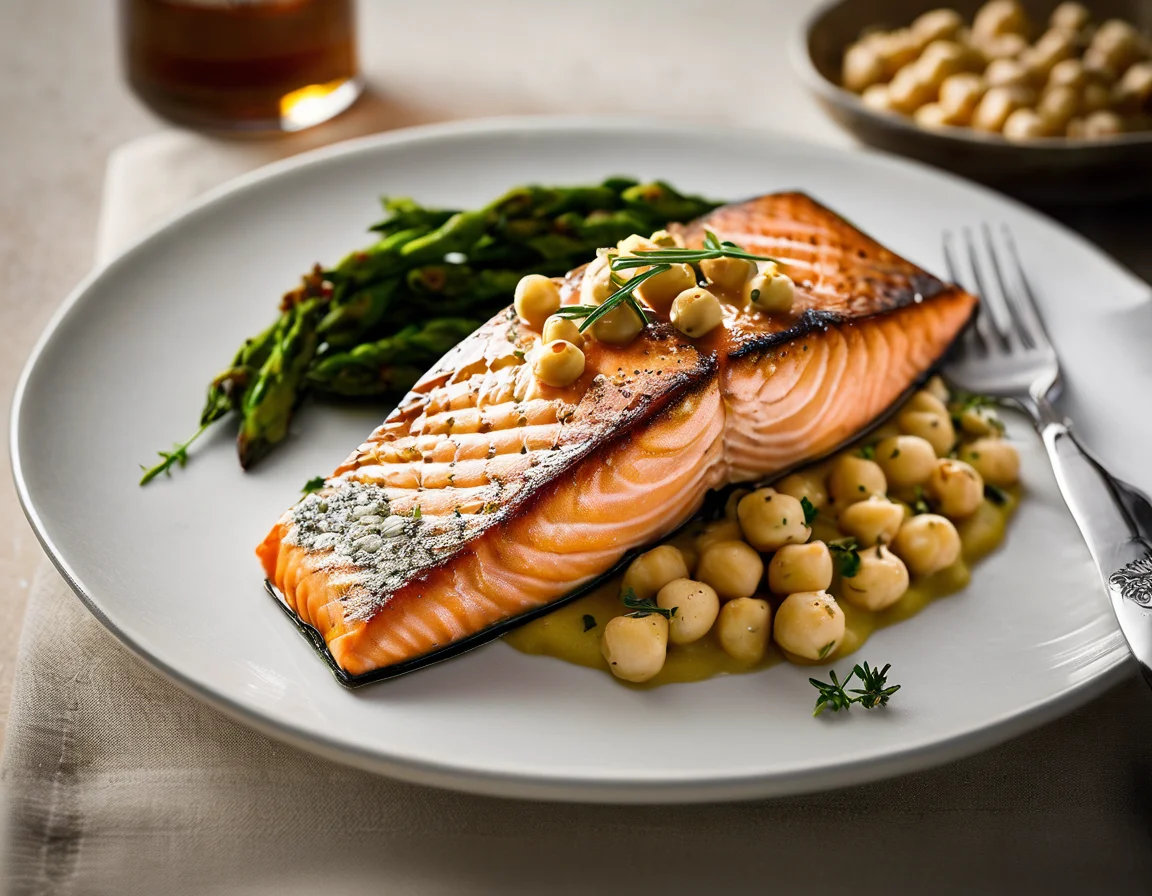 Filete de Salmón en Papillote con Hierbas Provenzales y Puré de Garbanzos con Crema de Ajo