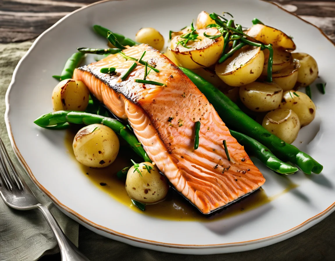 Salmón a la Liguria con Judías Verdes y Patatas Nuevas