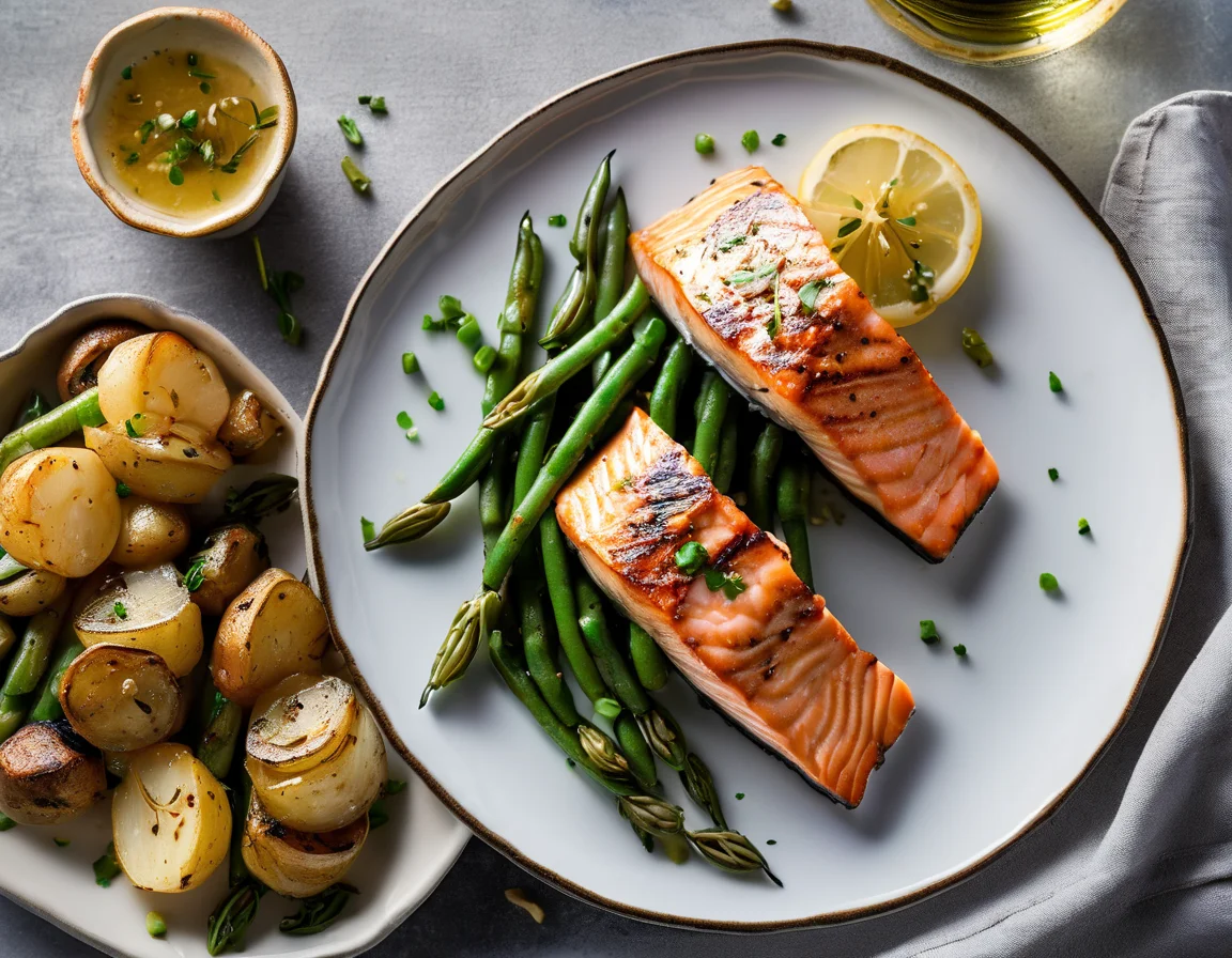 Salmón a la Plancha con Judías Verdes al Ajillo y Patatas Panaderas