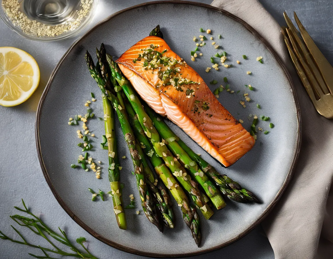 Salmón Sellado en Sartén con Espárragos Asados y Pilaf de Quinua