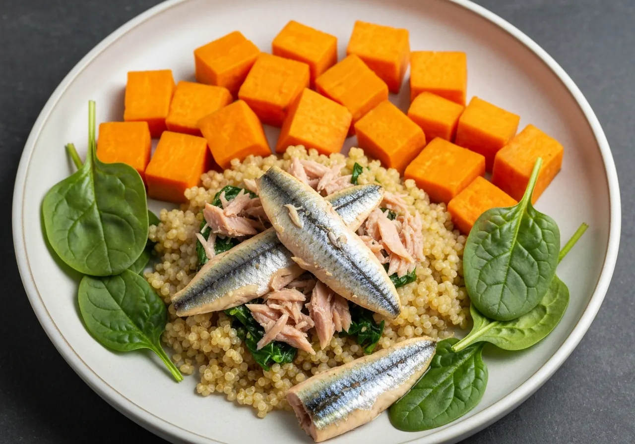 Sardinas a la Parrilla Canadienses con Batatas y Espinacas