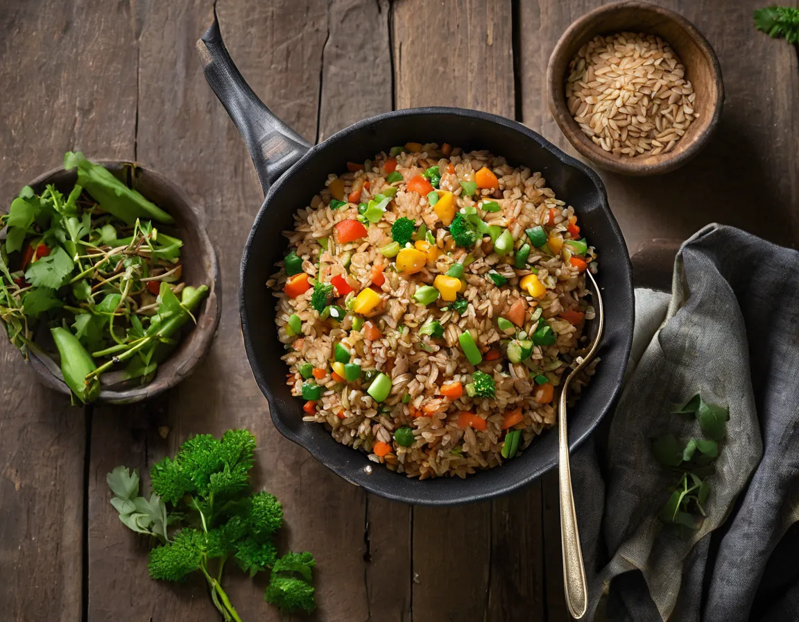 Sartén de Arroz Integral y Verduras Bajo Índice Glucémico Adaptado para Diabetes T1