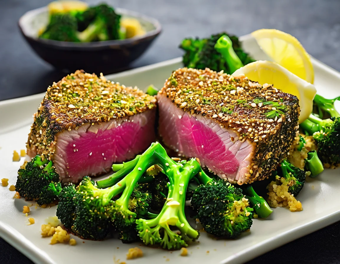 Atún a la Plancha con Brocoli al Ajillo y Ensalada Mediterránea