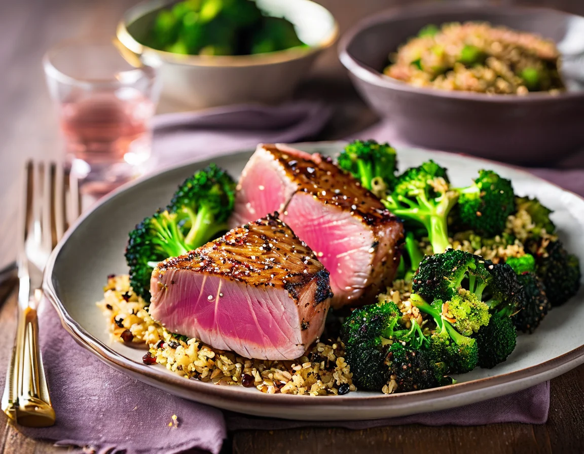 Atún a la Plancha con Brocoli al Ajillo y Ensalada de Garbanzos