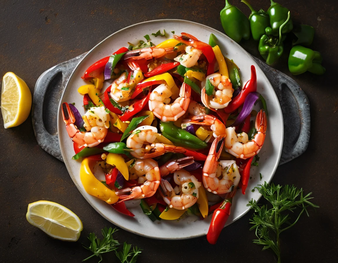 Gambas al Ajillo con Pimientos Asados y Garbanzos