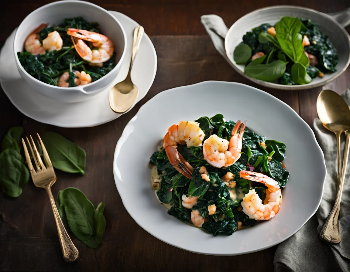 Camarones Salteados con Espinacas y Kale en Crema de Hierbas