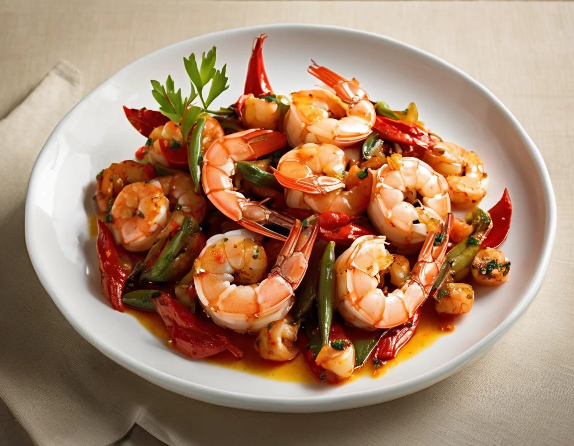 Gambas al Ajillo con Pimientos Asados