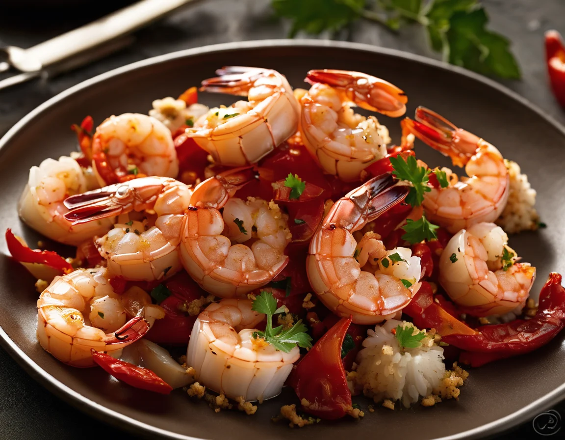 Gambas al Ajillo con Pimientos Asados
