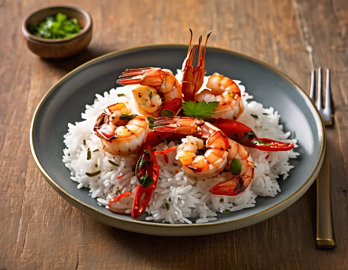Gambas a la Parrilla con Pimientos Asados y Arroz Basmati, image size:1152x896