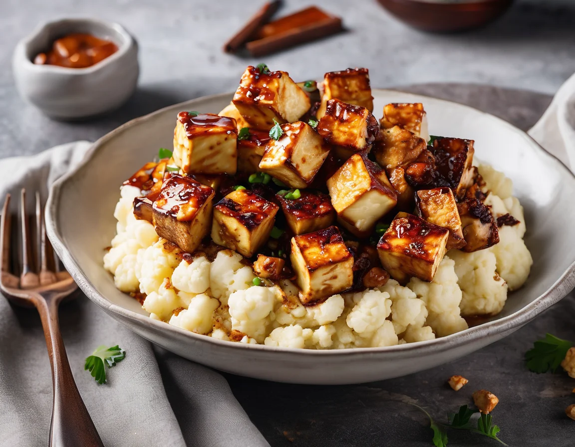 Tofu Glaseado con Sirope de Arce Ahumado con Puré de Coliflor y Ajo Asado