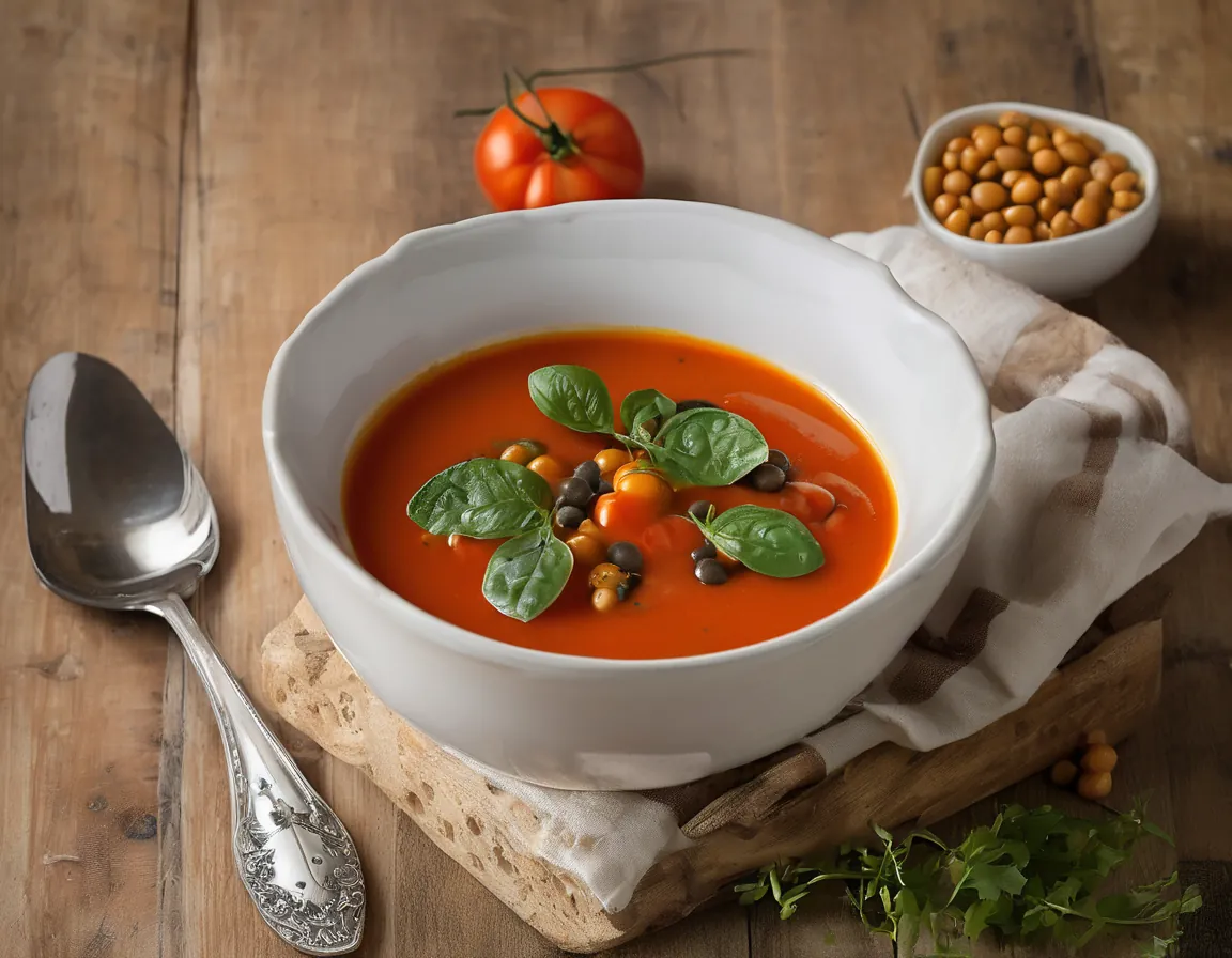 Sopa de tomate canadiense con lentejas y espinacas