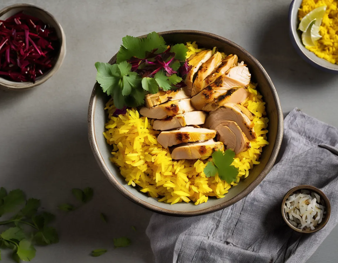 Suave Bol de Arroz con Cúrcuma y Pollo Escalfado