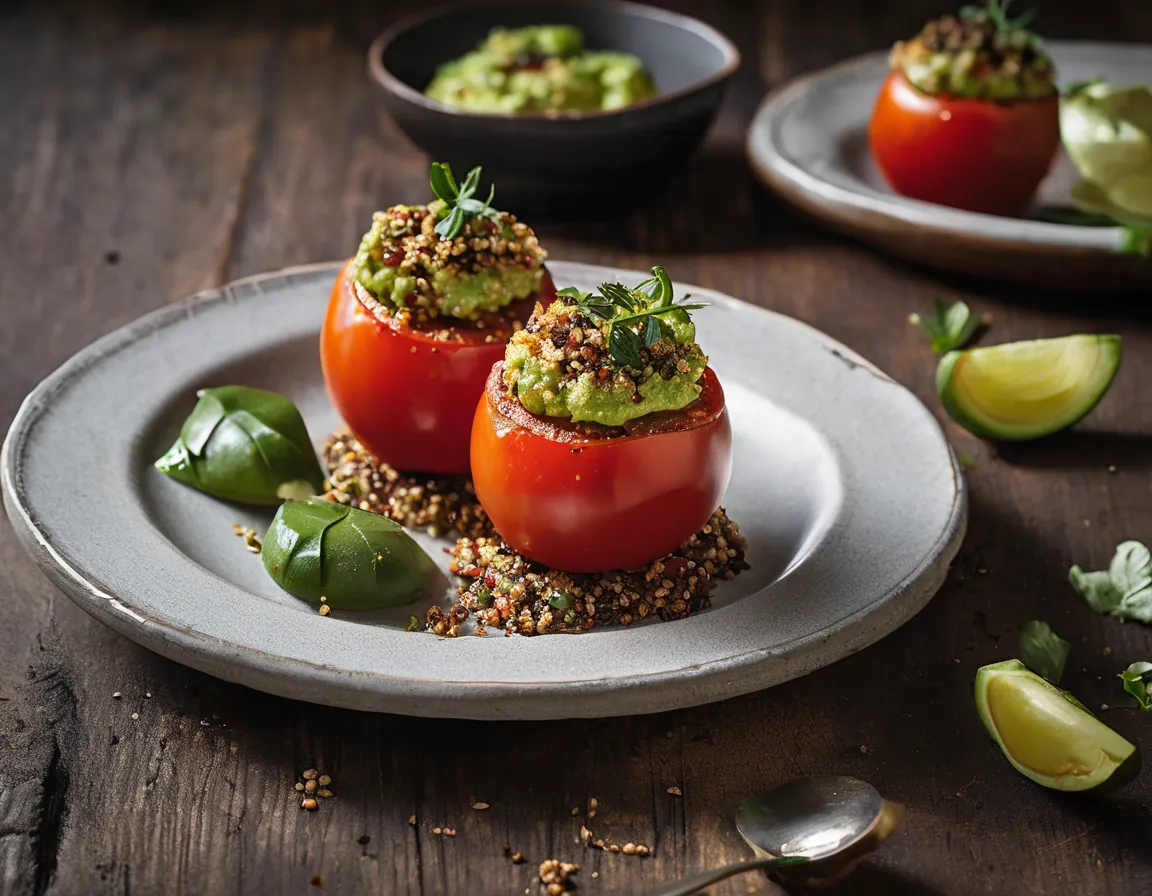 Tomates Asados con Puré de Aguacate y Quinoa