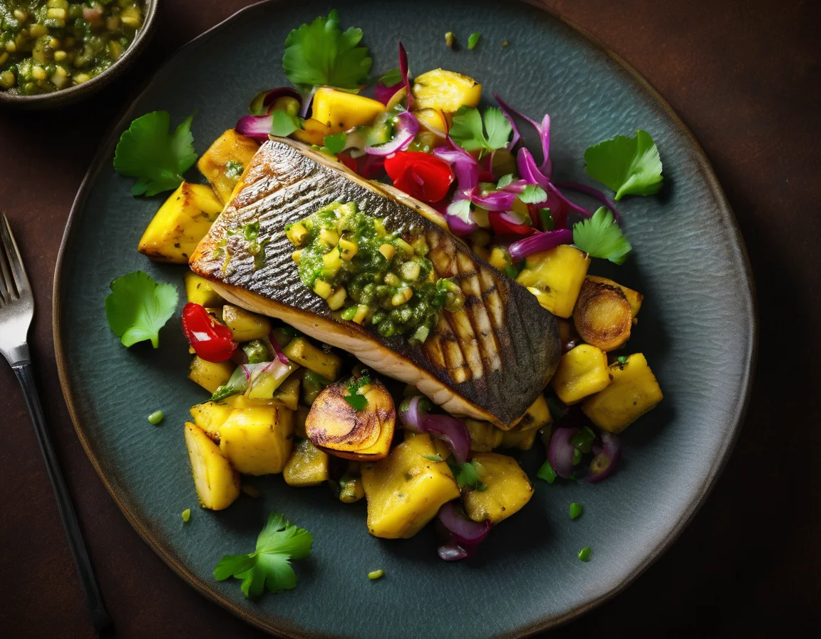 Pescado al Horno con Salsa de Plátano Verde y Quinoa Mediterránea