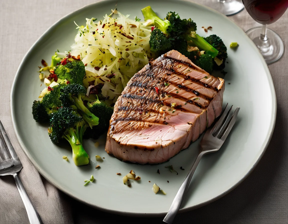 Atún a la Plancha con Brocoli al Ajillo y Ensalada de Garbanzos