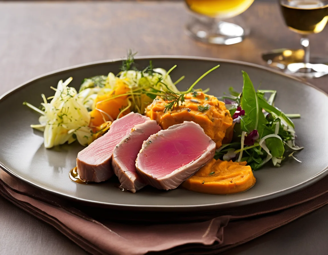 Atún con Puré de Boniato y Ensalada de Espinacas