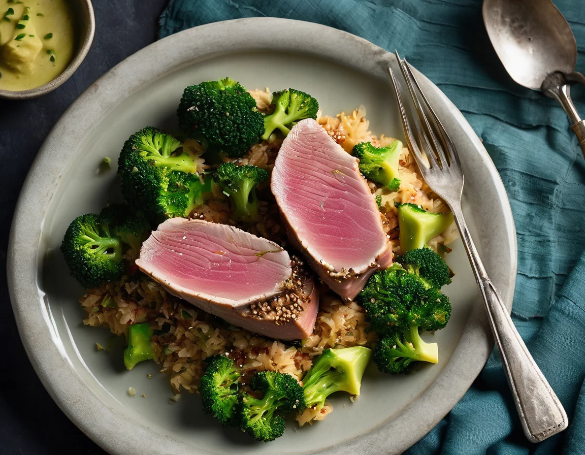 Atún a la Plancha con Brócoli al Vapor y Puré de Patatas Suave