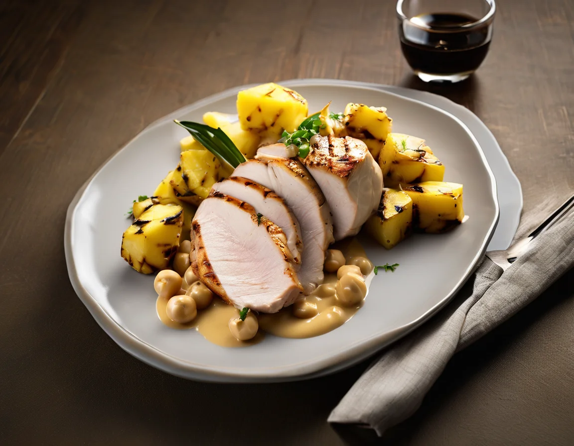 Pechuga de Pavo con Crema de Garbanzos y Piña a la Parrilla