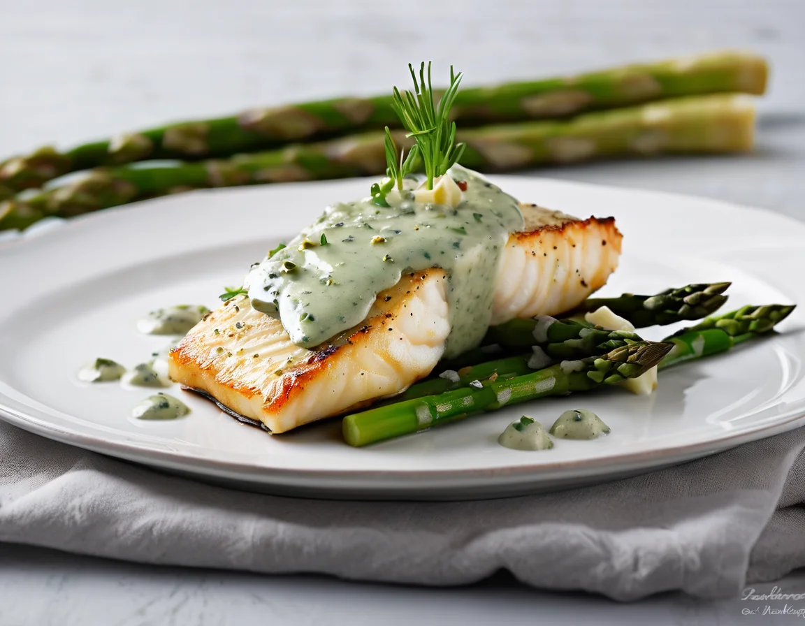 Filete de Bacalao Asado con Espárragos Verdes en Salsa Cremosa de Hierbas
